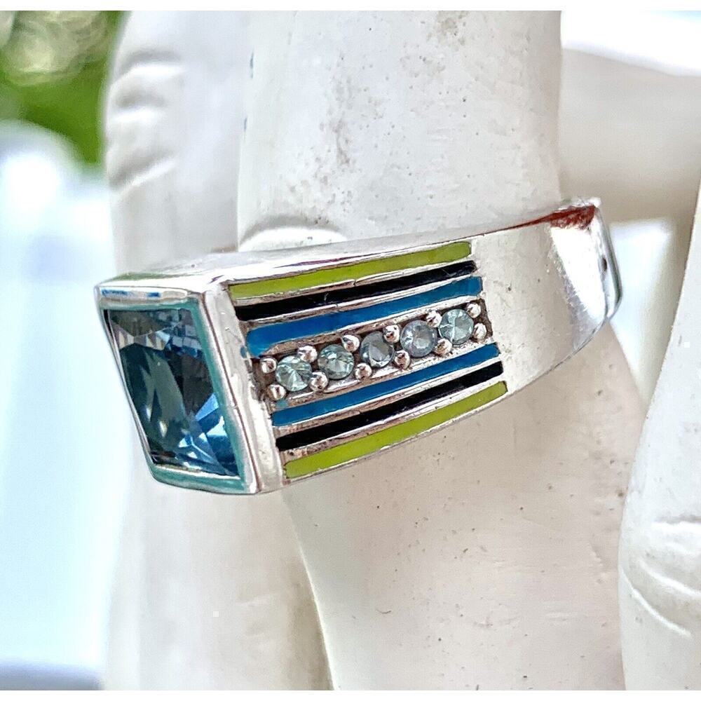Blue Topaz Ladies Ring Bezel Set Blue green enamel CAA 925 size 7